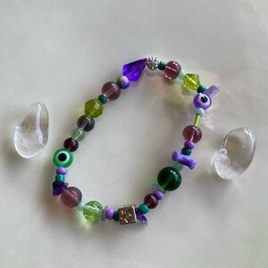 Fairy Fields Purple & Green Mixed Bead Beaded Bracelet Evil Eye Star Amethyst